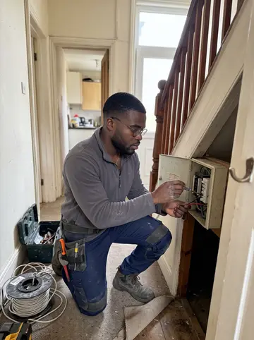 Owen, AI character: in a narrow Victorian hallway in Handsworth, kneeling at an open fuse box under the stairs
