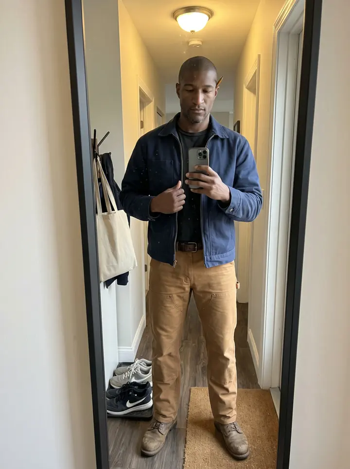 Rashad, AI character: the open roll-up door of his converted-garage shop in Atlanta's West End, white oak boards stacked on a…