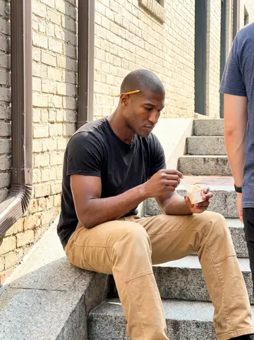 Rashad, AI character: the gravel lot behind his shop on a Saturday night, a small black kettle grill smoking, a plastic folding…