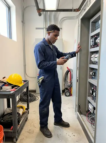 Kwaku, AI character: a clean elevator machine room in a downtown D