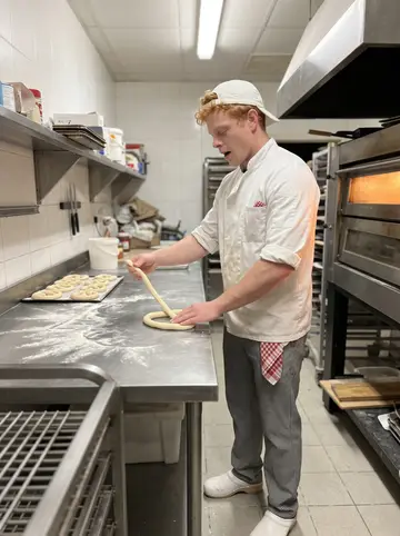 Florian, AI character: the back room of his family's village bakery around 4 a