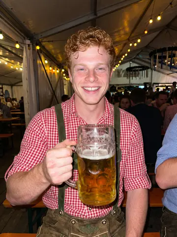 Florian, AI character: a village Volksfest beer tent near Rosenheim at night, wooden benches, string lights and blurred…