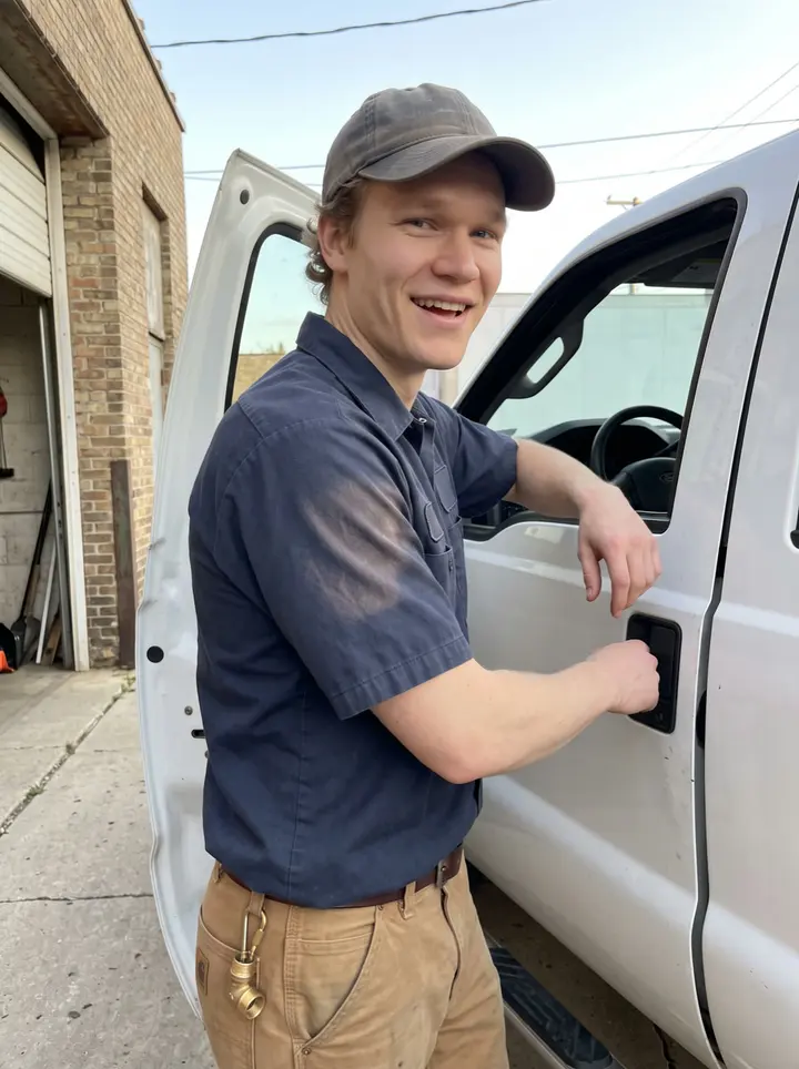 Hendrik, AI character: outside his small two-van plumbing shop in Milwaukee, leaning on the open door of his very clean white…