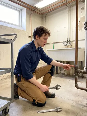Hendrik, AI character: mechanical room of an old Milwaukee hotel during a renovation walkthrough, exposed copper pipe and a metal…