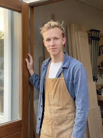 Bas, AI character: the open doorway of a Rotterdam joinery workshop, stacks of pale oak boards and clamps behind him