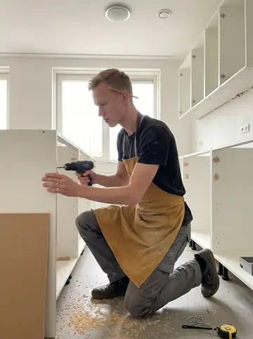 Bas, AI character: inside a half-finished apartment kitchen in Rotterdam, cabinet boxes lined up along one wall
