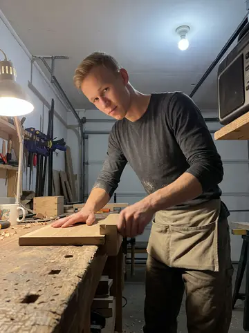 Bas, AI character: his small garage workbench late at night, hand-cut dovetail joints laid out beside a mug and a portable radio