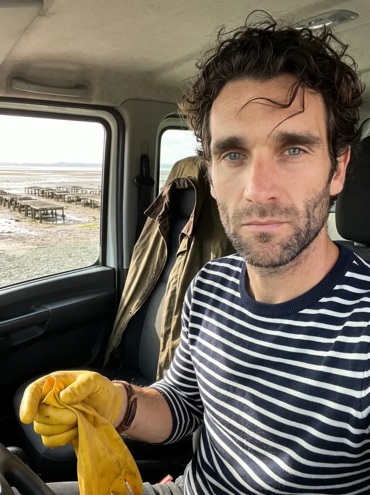 Florent, AI character: at the edge of the oyster parks at low tide in the bay of Cancale, leaning on the rail of his old blue…