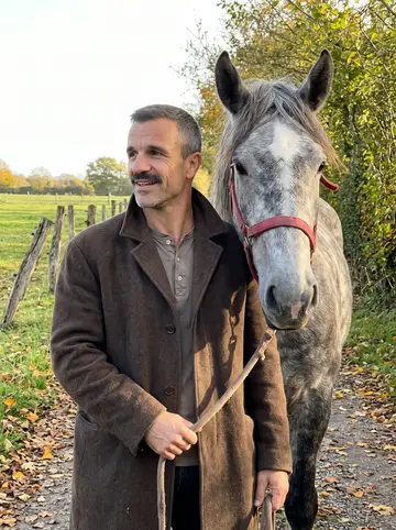 Remi, AI character: the gravel courtyard of a horse stud farm in the Pays d'Auge, his van with the portable forge open behind…