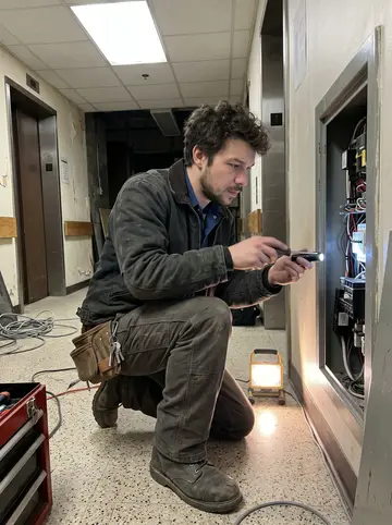 Vivien, AI character: a service corridor beside an old hospital elevator bank in Montreal during an after-hours repair call