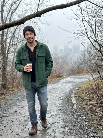 Vivien, AI character: a quiet trail on Mont-Royal at dawn, damp gravel path, bare branches and the city faint through the fog