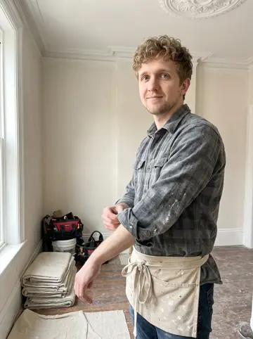 Eoin, AI character: inside a restored South End brownstone parlor with fresh ornamental plaster around the ceiling medallion,…