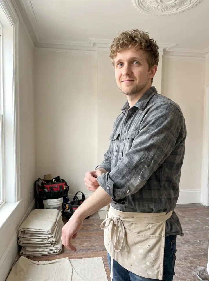 Eoin, AI character: inside a restored South End brownstone parlor with fresh ornamental plaster around the ceiling medallion,…