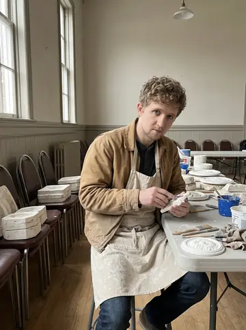 Eoin, AI character: a community preservation workshop in an old church hall, plaster molds and ceiling rosettes spread across…
