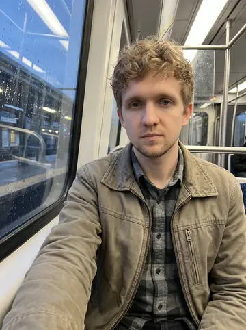 Eoin, AI character: inside a Red Line train after a rainy workday, blurred platform lights through the window behind him
