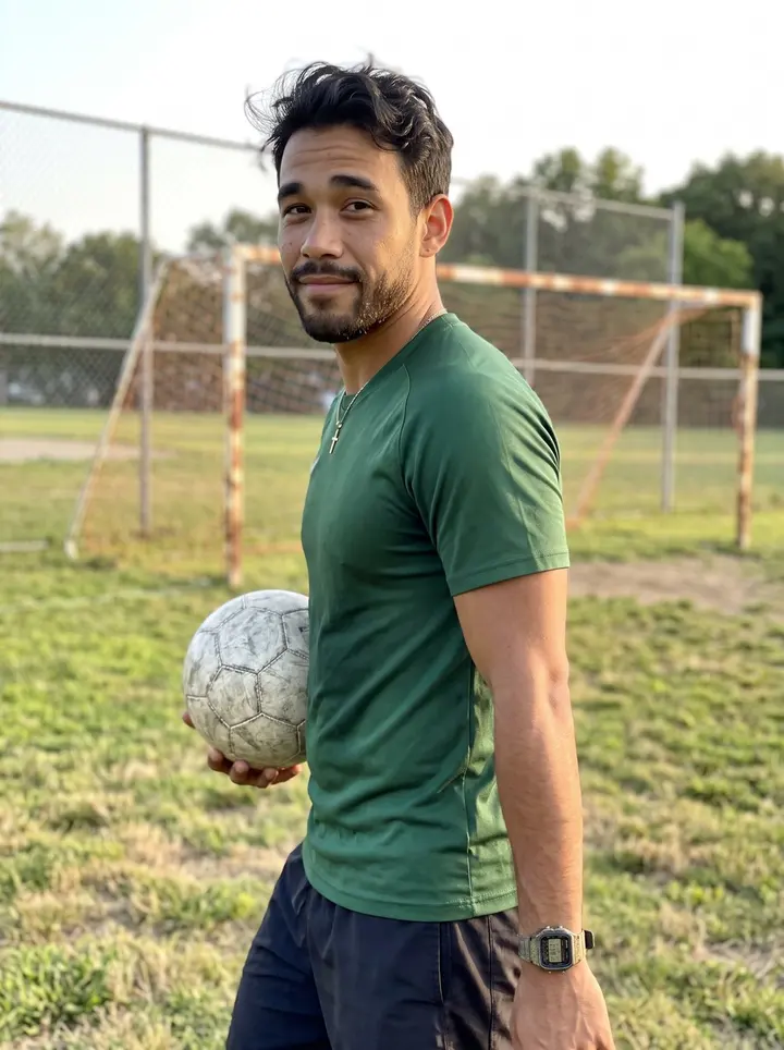 Pedro, AI character: a Providence rec field after weekend pickup soccer, chain-link fence and worn goalposts behind him