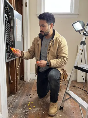 Pedro, AI character: the back room of an old Providence triple-decker, next to an open electrical panel and a folded step ladder
