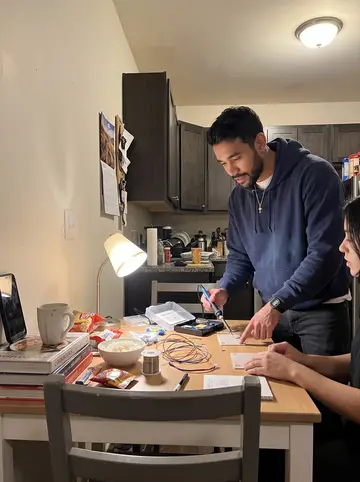 Pedro, AI character: his kitchen table in Providence, a beginner soldering kit, colored wires, and Camila's little practice…