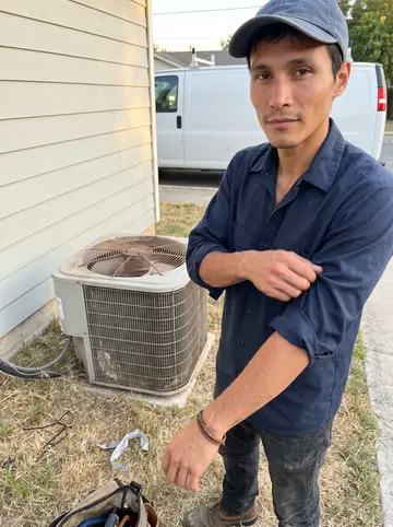 Diarmuid, AI character: outside a small San Antonio bungalow after a late service call, standing beside an outdoor condenser unit…