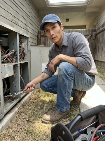 Diarmuid, AI character: a shaded side yard in San Antonio, crouched near an open outdoor AC panel with a tool bag on the dry grass