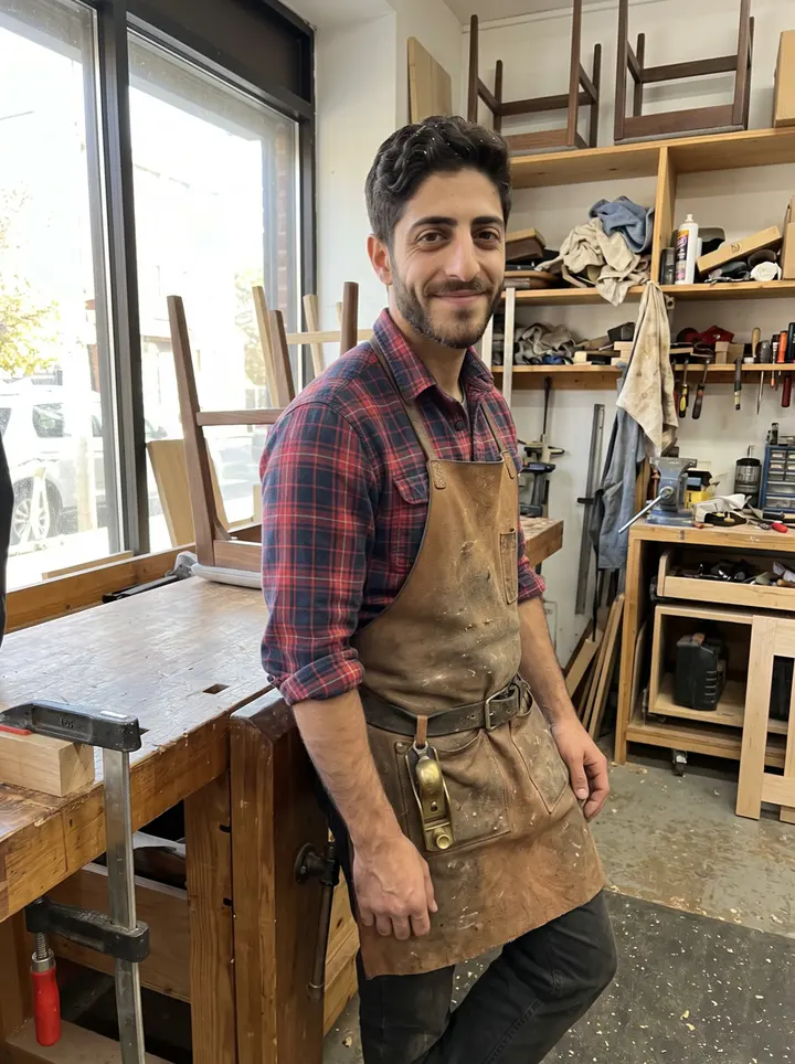 Amílcar, AI character: inside his Ironbound furniture workshop near the big front windows, leaning against a heavy workbench with…