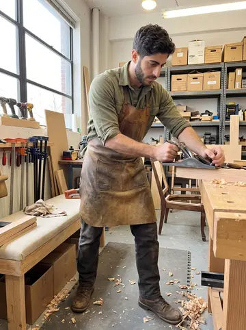 Amílcar, AI character: the same Newark workshop on a bright spring afternoon, standing over a 1920s armchair frame on a padded bench