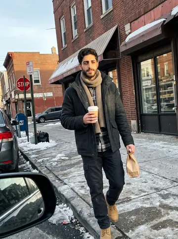 Amílcar, AI character: walking through Newark's Ironbound on a crisp winter morning past Portuguese bakeries and parked cars