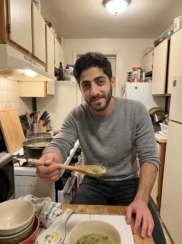 Amílcar, AI character: his avó's warm apartment kitchen in Newark, pot of caldo verde on the stove and a small kitchen table…