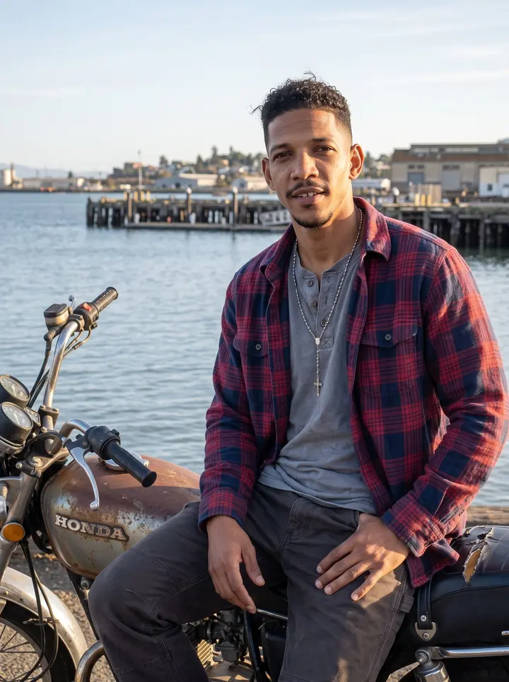 Marlon, AI character: Mare Island waterfront in Vallejo at low sun, sitting sideways on his worn Honda motorcycle with the bay…
