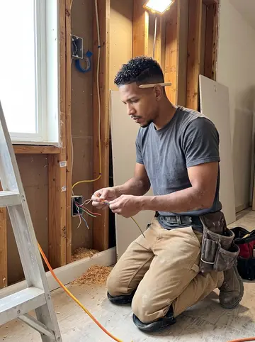 Marlon, AI character: a small residential remodel job in Vallejo, open wall studs and electrical boxes behind him