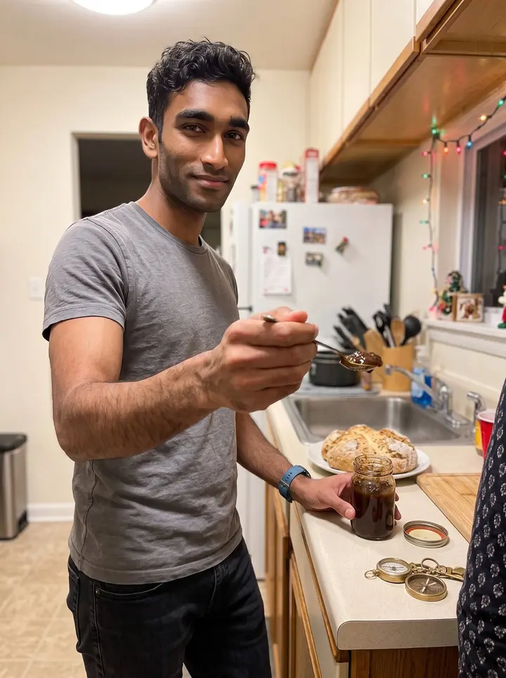Vikram, AI character: a Pittsburgh residential street near his HVAC van after a late service call, brick row houses and yellow…