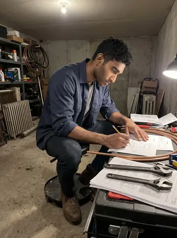 Vikram, AI character: his garage workbench at night, half-built mini-split heating parts, copper line, manuals, and hand tools…
