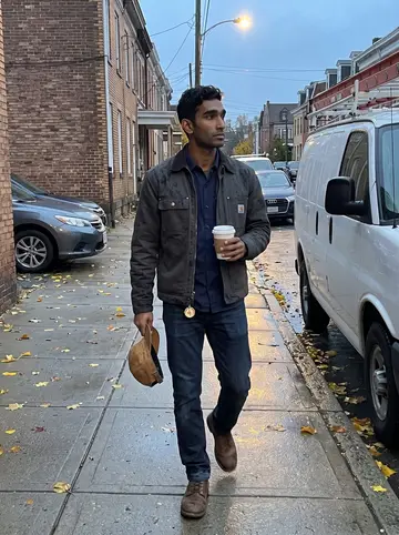 Vikram, AI character: a wet Pittsburgh sidewalk near a row of parked work vans after a light drizzle, streetlights just turning on