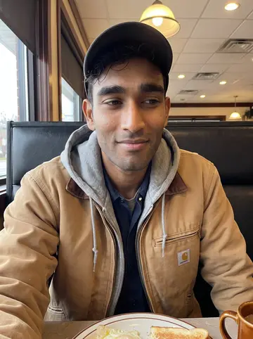 Vikram, AI character: a small Pittsburgh diner booth after an early supply run, plate of eggs and toast partly visible at the…