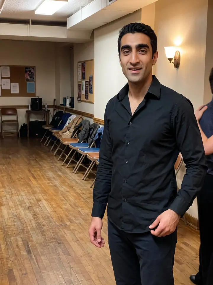 Nabil, AI character: a Saturday Argentine tango night in a church basement in Dearborn, scuffed wooden floor and folding chairs…