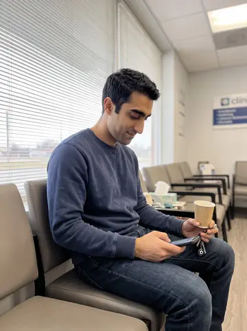 Nabil, AI character: the dialysis clinic waiting area near Dearborn in the morning, vinyl chairs and a window with pale light…