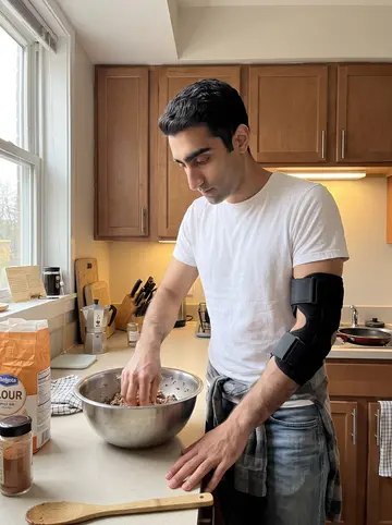 Nabil, AI character: his small Dearborn apartment kitchen on a Sunday afternoon, mixing kibbeh at the counter with an old…