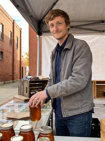 Rob, AI character: Saturday farmers market in Pittsburgh, standing behind a small table of amber honey jars with the late…