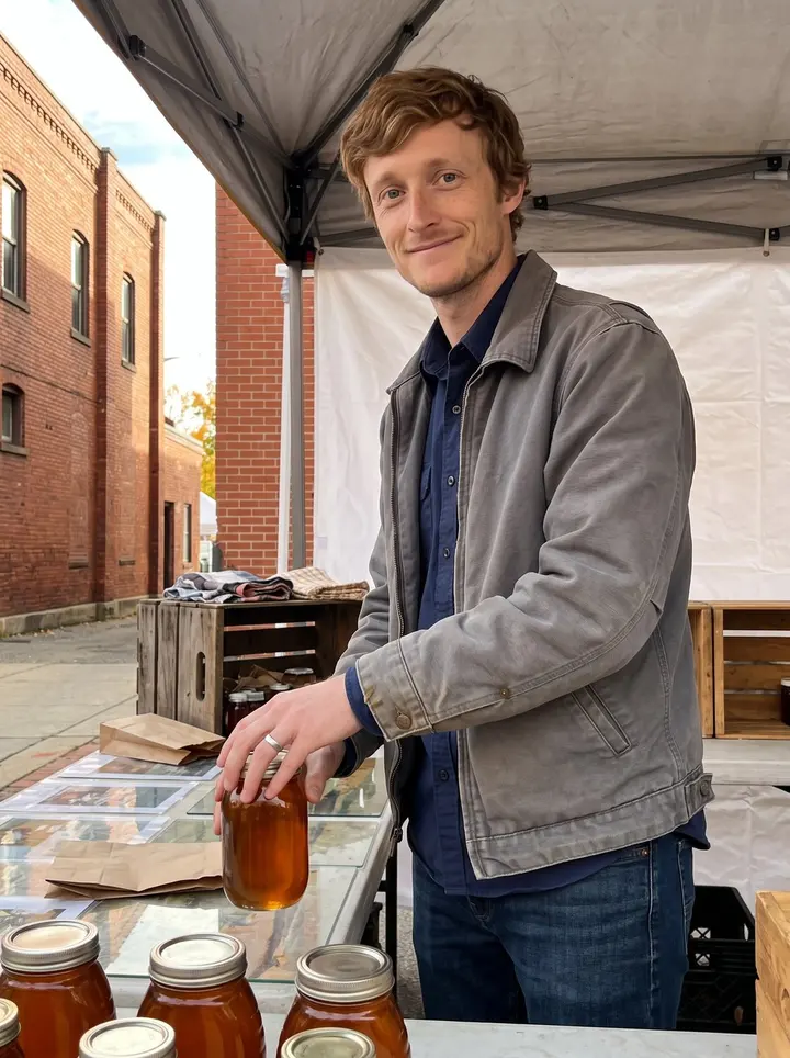 Rob, AI character: Saturday farmers market in Pittsburgh, standing behind a small table of amber honey jars with the late…