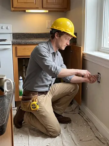 Rob, AI character: old Pittsburgh rowhouse kitchen during a daytime rewiring job, cabinet doors open and a drop cloth on the…