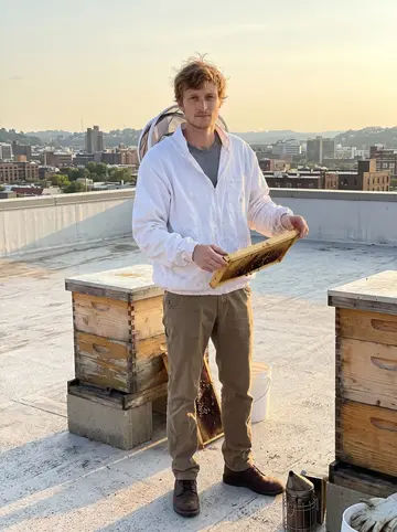 Rob, AI character: flat roof of his Pittsburgh building beside two wooden beehives and a low city skyline