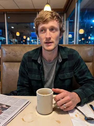 Rob, AI character: small Pittsburgh diner booth on a winter night after work, mugs of tea and a folded newspaper on the table