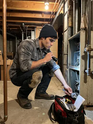 Bailey, AI character: a Duluth customer's unfinished basement beside an old furnace, tool bag open on the concrete floor