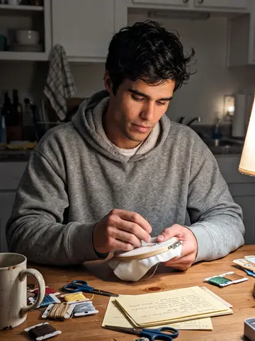 Bailey, AI character: his nan's kitchen table after she has gone to bed, cross-stitch fabric, thread bobbins and old recipe…