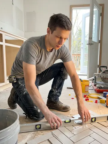 Jon, AI character: a half-finished kitchen remodel in Eau Claire with spacers, buckets, and a tile saw set up near the back door