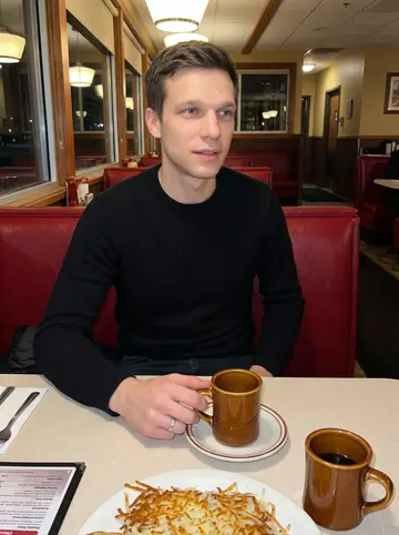 Jon, AI character: his regular diner in Eau Claire at night, red vinyl booth, laminated menu, coffee mug, and a plate of hash…