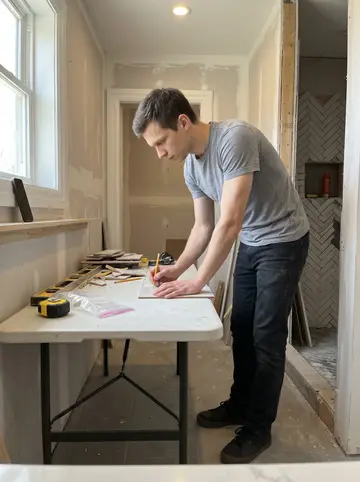 Jon, AI character: his own unfinished bathroom at home, one wall tiled in herringbone and the shower still incomplete, tools…