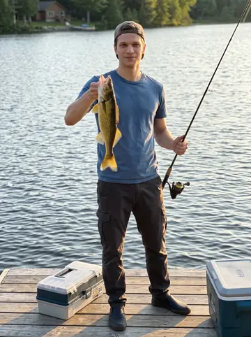 Jon, AI character: a small lake dock near his cousin's cabin during fishing-tournament practice, tackle box and cooler at his…