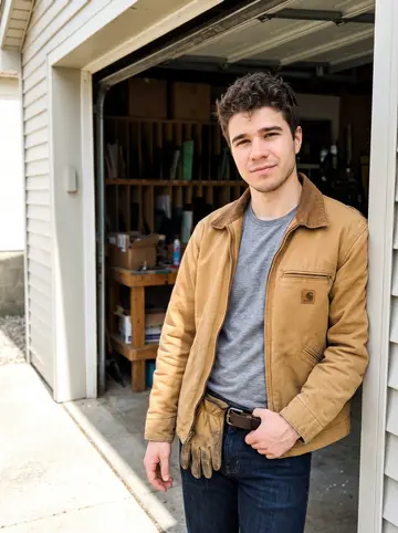 Corey, AI character: outside the small stained-glass repair garage behind his place in Cincinnati, leaning against the open…