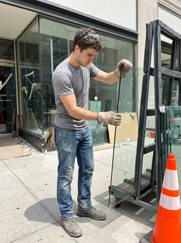 Corey, AI character: a downtown Cincinnati storefront jobsite, beside a padded glass rack and orange cones on the sidewalk